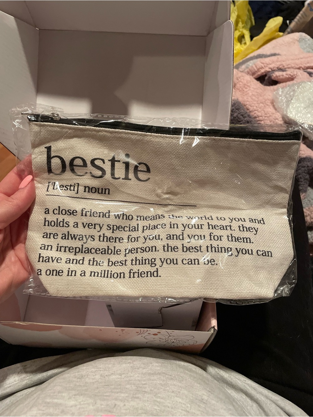 NWT Bestie Canvas Zip Pouch in tan with Black Print